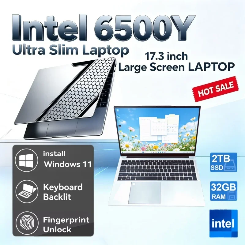 Large Screen Laptop Intel 6500Y 17.3 Inch   Portable for Study Office Windows11 16/32GB RAM 1/2TB BIG SSD