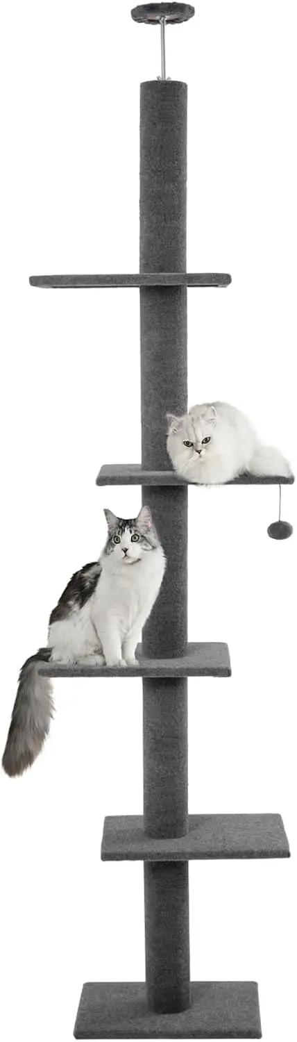 

Cat Tree 5-Tier Floor-to-Ceiling Tower with Platforms, Dangling Balls, Adjustable Height 98'-108', Medium Grey