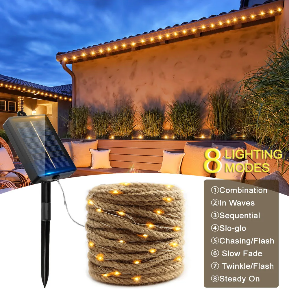 Solar Powered Hemp Rope String Lights 8 Modes Waterproof Fairy Garland Lamp 100-200 Leds Outdoor Patio Light for Garden Decor