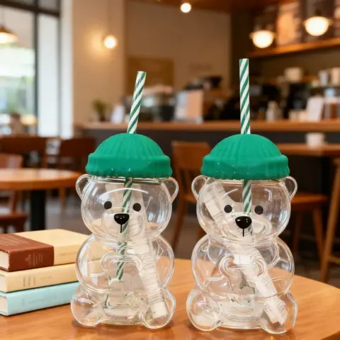 New For Starbucks Cute Animal Bear Straw Glass Transparent Glass For Men Women Birthday Christmas Gift Milk Tea Cup With Straw