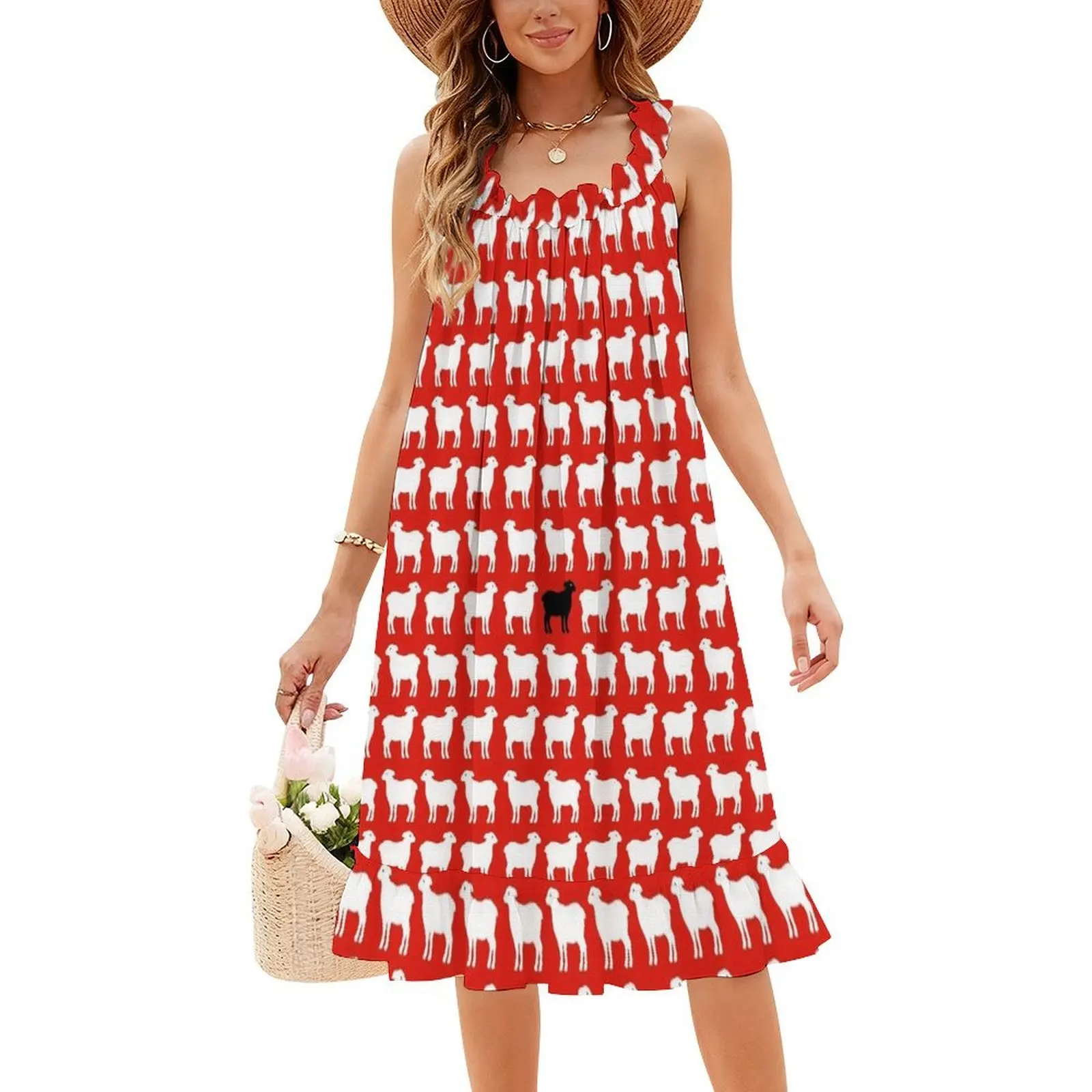 فستان أسود الأغنام على شكل قلب فستان أنيق للحفلات الصيفية للنساء أحمر أسود أبيض سترة الأغنام فستان سهرة لطيف