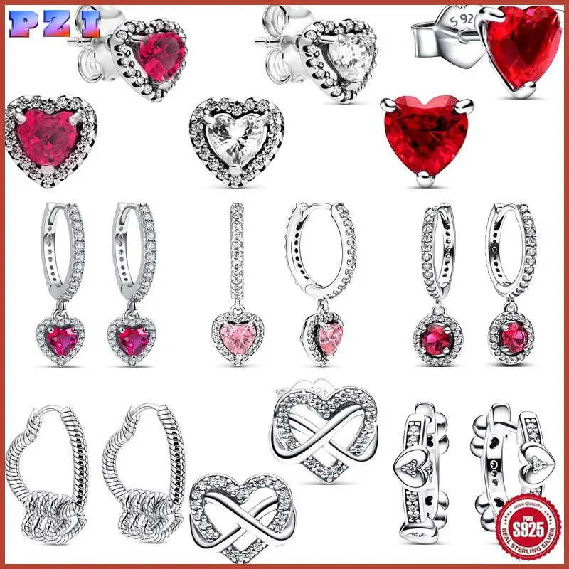 

New 925 Sterling Silver Red Heart Zircon Sparkling Infinity Heart Stud Earrings Women Fine Original Charm Jewelry Factory Outlet