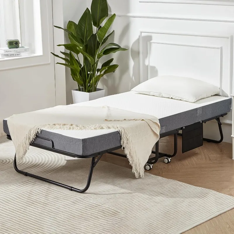 5 Inch Foam Mattress,Space-Saving Foldable Bed with Metal Frame&Bed Side Pocket