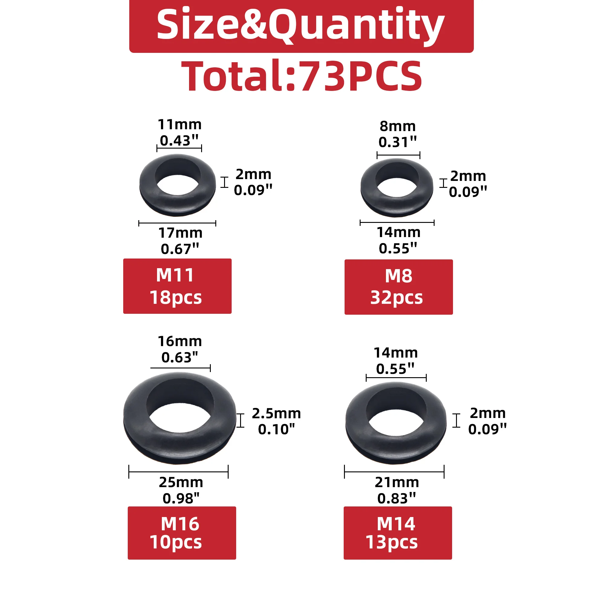 73pcs  8/12/14/16mm Wire Cable Protect Rubber O Ring Oil Sealing Grommet Gasket Hole Shim Washer Black Double Face