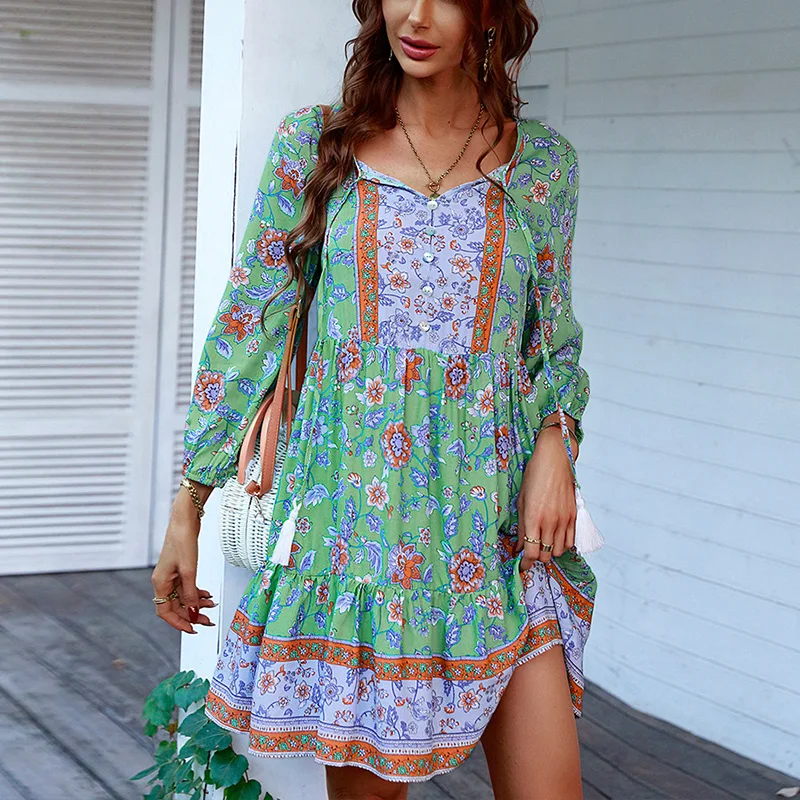 Mini abito estivo da donna con stampa floreale Boho Abito estivo da spiaggia a maniche lunghe con scollo a V vintage Abiti da vacanza larghi casual eleganti