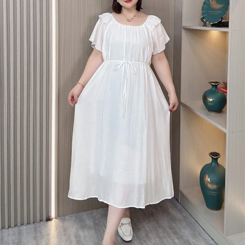 Lace-Up Waist Boat Neck Dress Female Summer New Plus Size Women\'s Fashion Cool Short Sleeved Long Dress