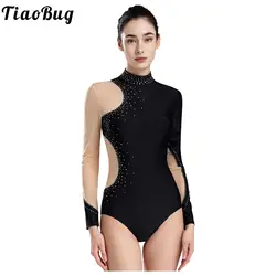 Women Glittery Rhinestones Figure Skating Leotard Sheer Mesh Patchwork Long Sleeve Dance Bodysuit Gymnastics Performance Costume