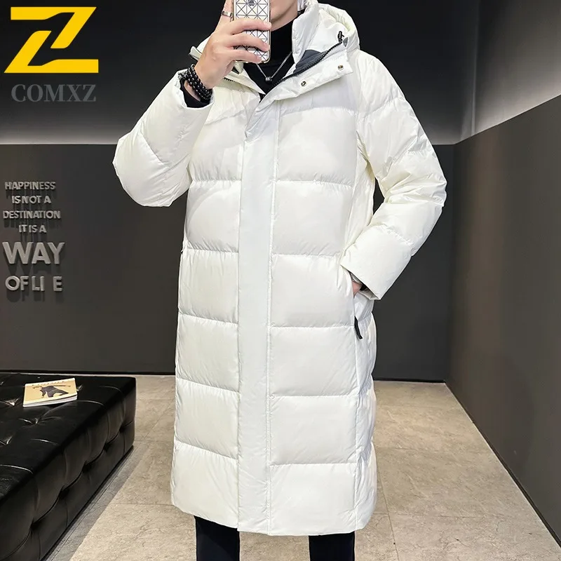 COMXZ Casual Hooded Men Down Jacket Commuting Office Thick Warm Parka Pure Color Exploration Cold Protection Winter Down Coat
