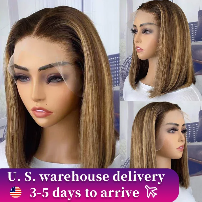

Highlight Blonde Short BOB 13x6 Lace Glueless Human Hair Wig Ready To Go Brazilian 4/27 Straight Bob Bone With Bangs For Women