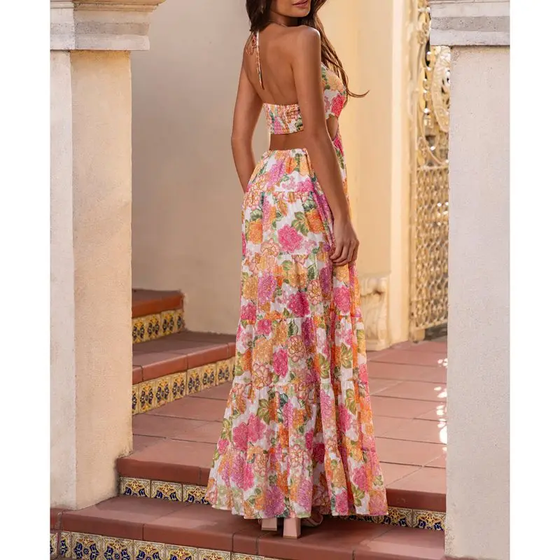 Combhasaki Women Floral All-over Print Tie-Up Halter Neck Front Cutout Backless Summer Sleeveless Casual Flowy A-line Long Dress