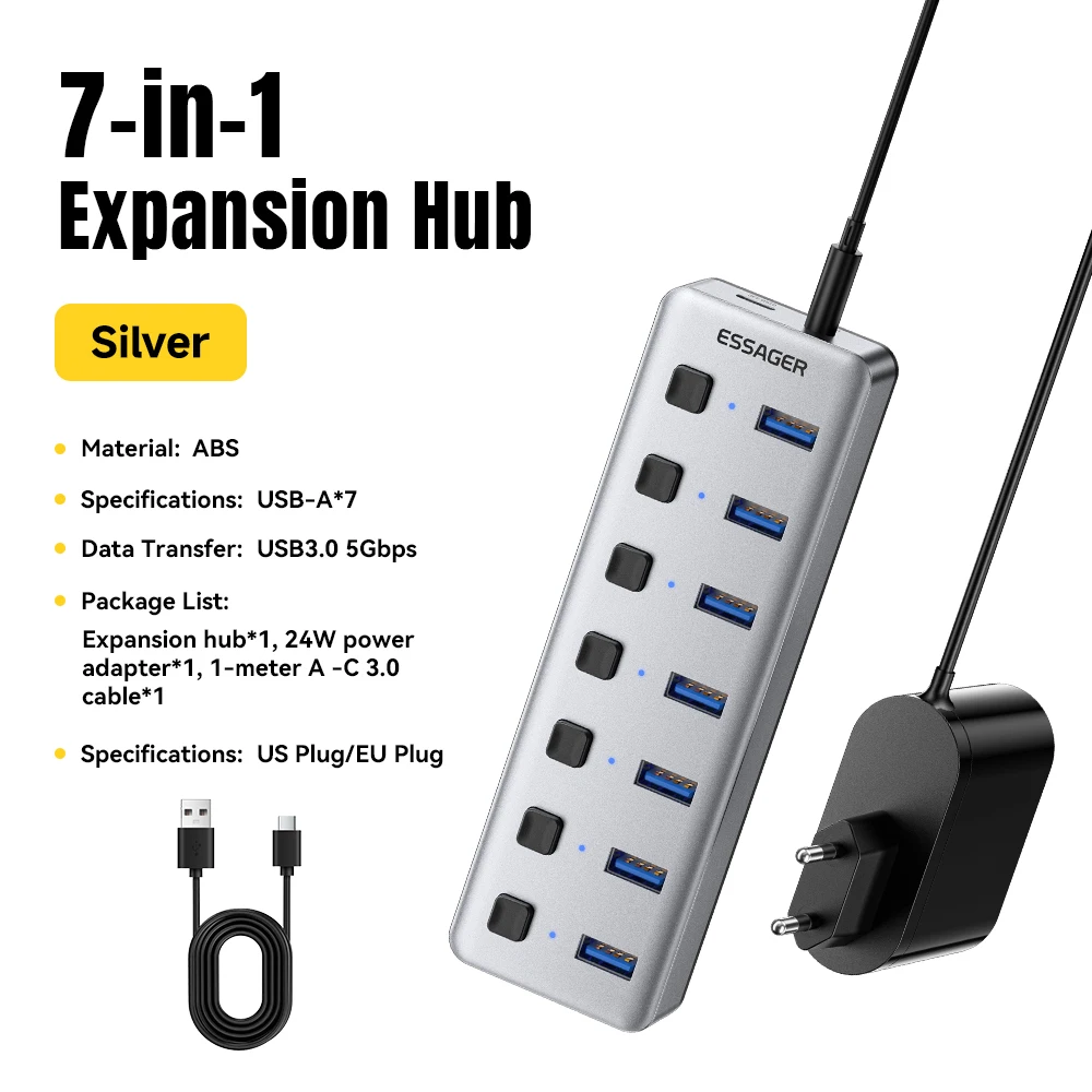 Essager 7-in-1 USB Hub 3.0 Multi-poort Expander 5Gbps Splitter Adapter met 24W oplader, compatibel met MacBook Pro, Mac laptops en pc's