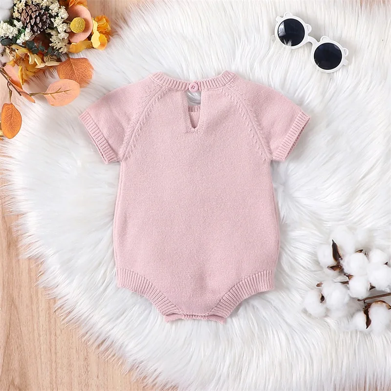 

Baby Girls Autumn Winter Romper Pink Short Sleeve Crew Neck Flower Decor Sweater Romper