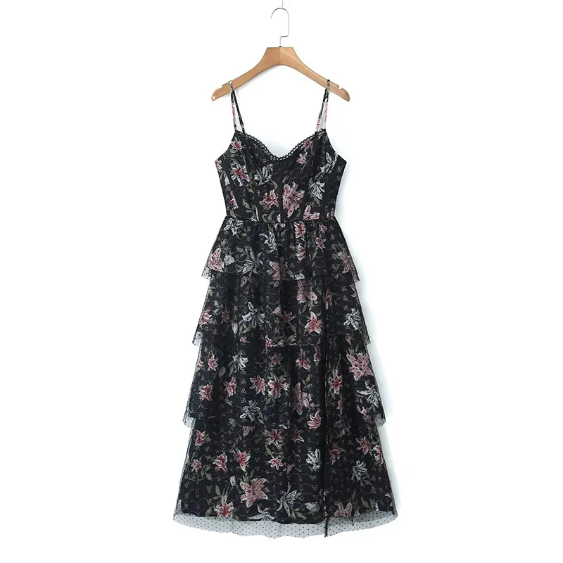 

Sexy Elegant Women French Floral Print Layered Cake Sling Dresses Summer Ladies Chic Slit Hem V Neck A-line Party Dress