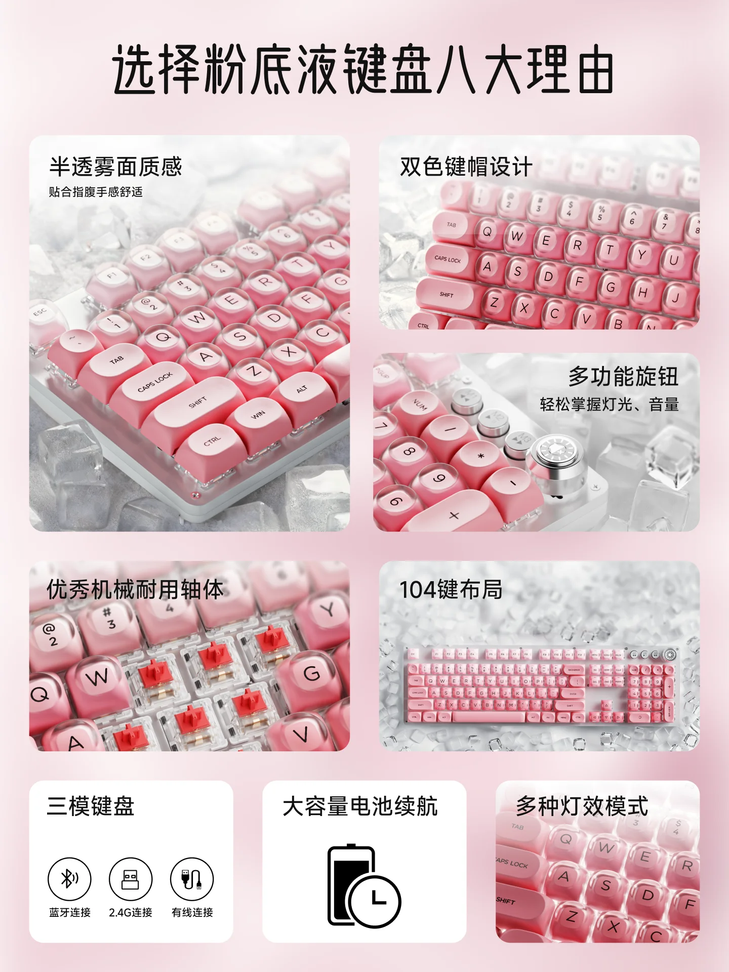 EWEADN Taoyao كريم أساس سائل لاسلكي ثلاثي الأوضاع لوحة مفاتيح 87 مفتاحًا 104 مفاتيح تصميم مريح لوحة مفاتيح ألعاب رياضية إلكترونية ميكانيكية #6