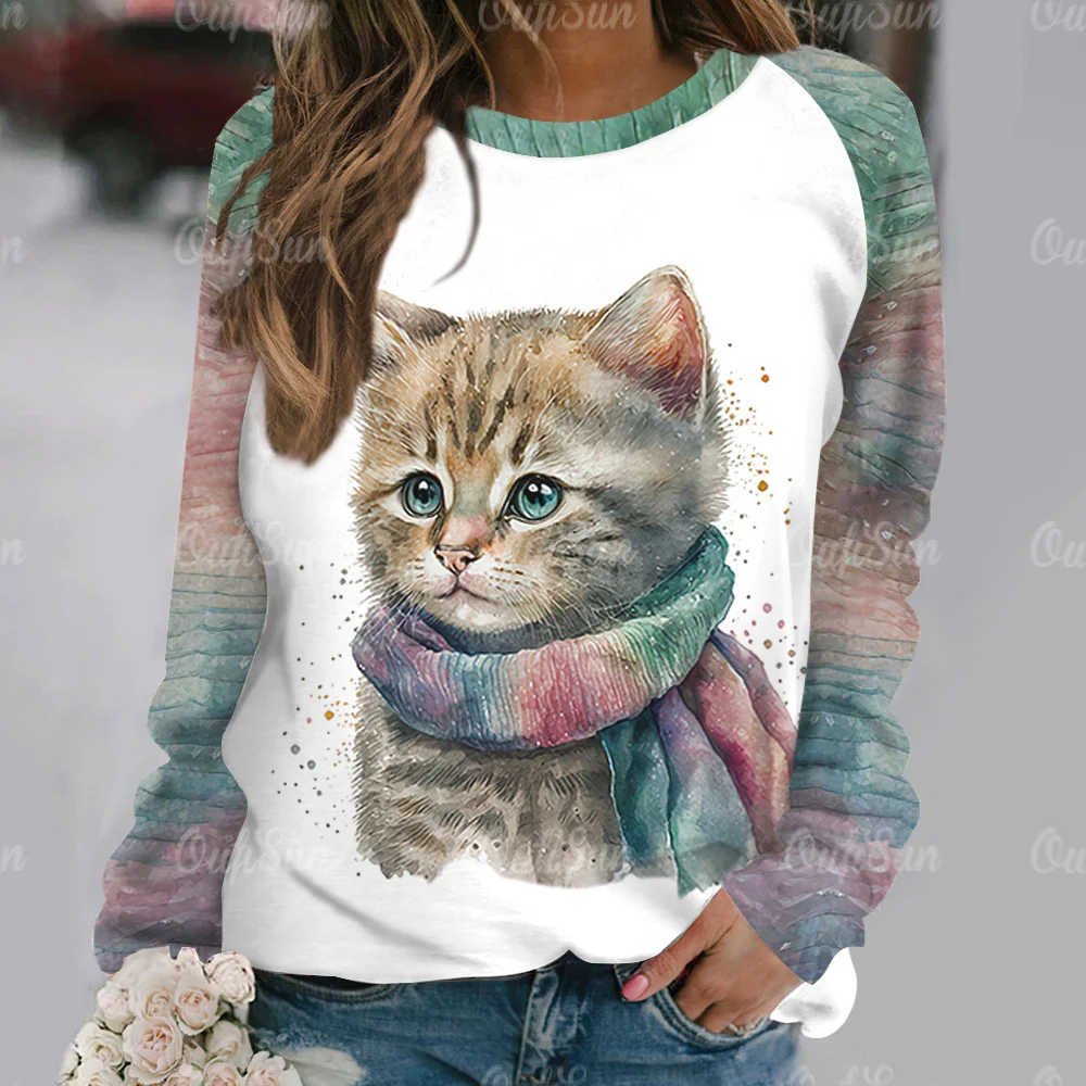 Funny Kawaii Cat Animals Print Cotton Long Sleeve T-Shirts For Women Sweatshirts Female Cute O-Neck Pullover Woman Sweatshirt