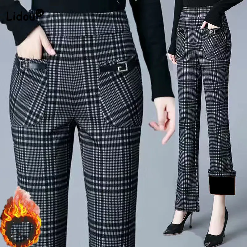 

Fashion Commute Elastic High Waist Plaid Trousers Autumn Winter Women's Clothing New All-match Thick Slim Female Flare Pants