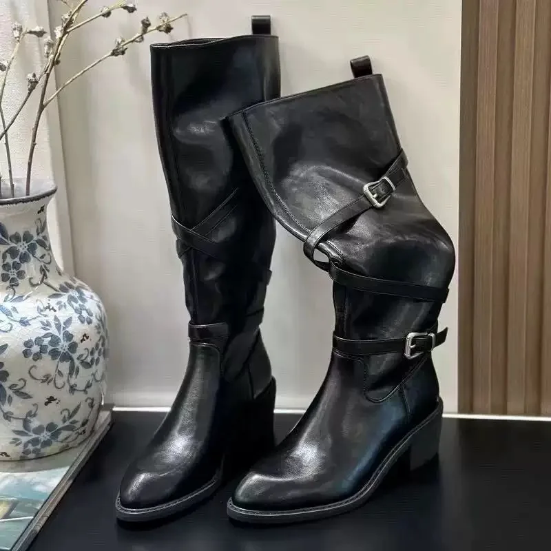 Botas de Mujer Otoño Invierno, Botas de Tacón Grueso hasta la Rodilla, Botas de Montar con Punta en Pico, Correa con Hebilla Cruzada, Vintage, Negras y Marrones