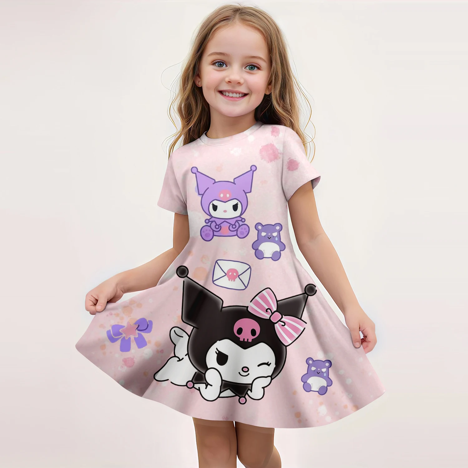 Miniso's Hot selling Children's New Fashionable Girl Dress Cartoon Cute Kuromi 3D Printed Dress for Children's Summer Home