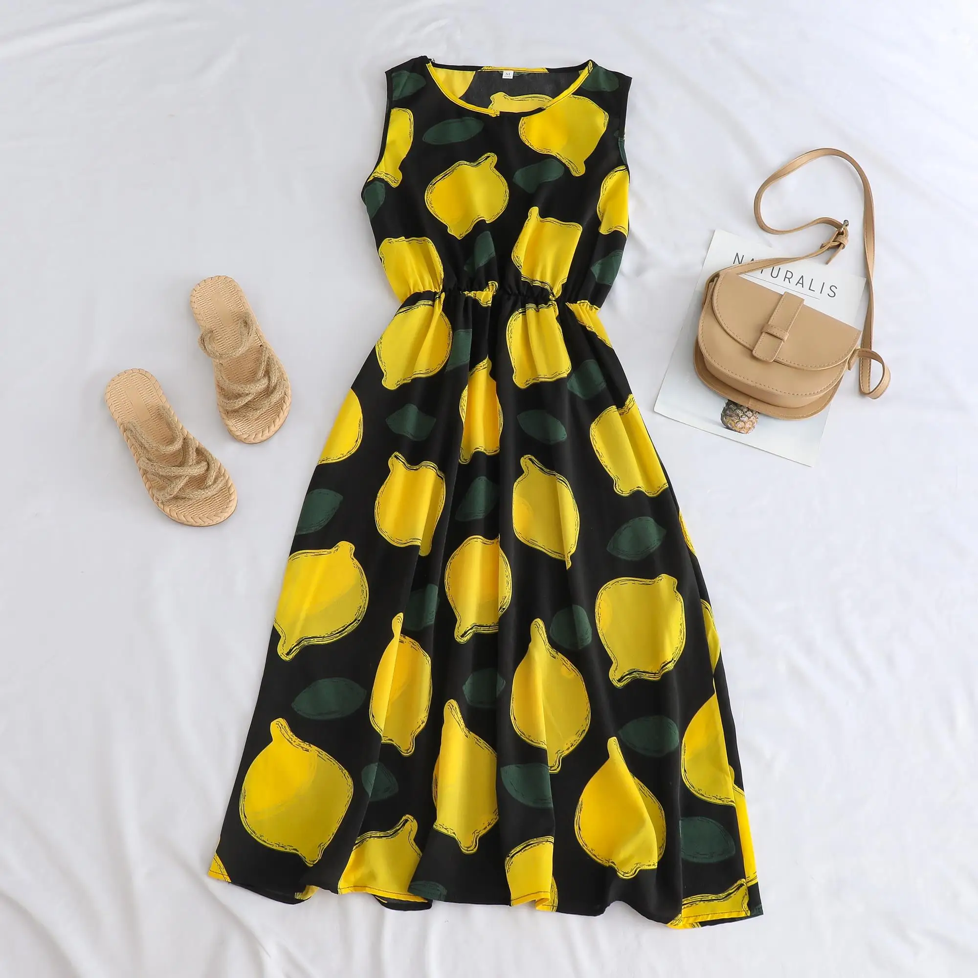 

Floral Print Maxi Dress Vest Style Holiday Fashionable Versatile Mommy Clothes Loose Fit Polyester Fiber round Neck Short Sleeve