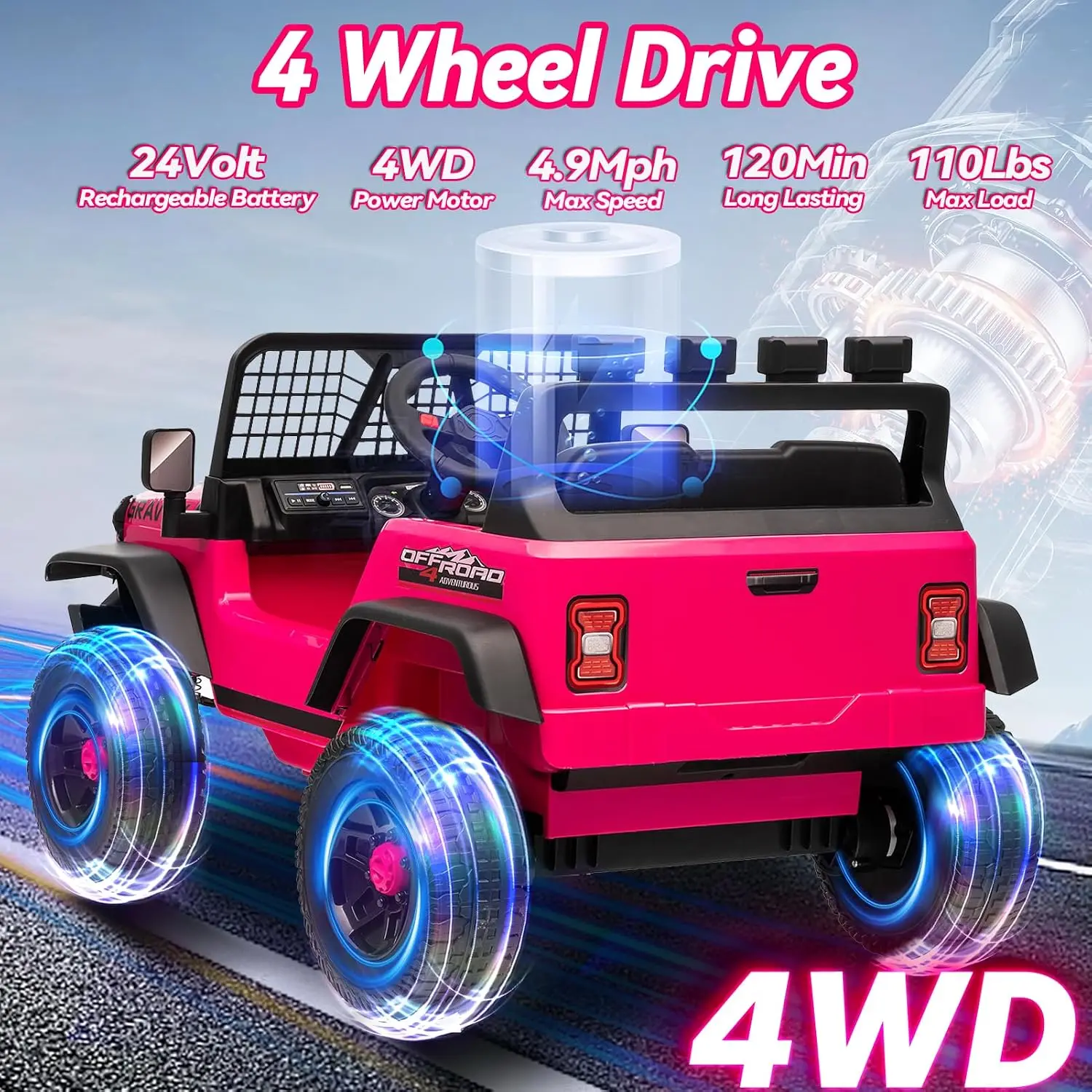24V Ride on Toys w/Remote Control, 4WD Kids Ride on Truck Car, 3 Speed, Bluetooth Music, Wide Seat, Spring Suspension, LED Light