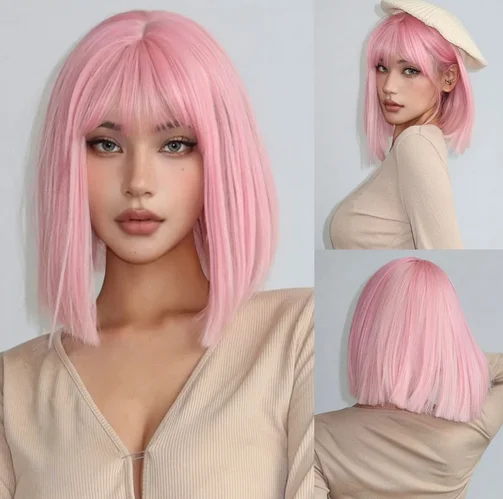 Pelucas Bob cortas y rectas con flequillo, pelo sintético Natural rosa claro para mujeres, pelucas de fibra resistentes al calor para Cosplay diario