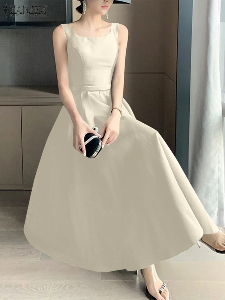 فستان ZANZEA أنيق طويل بدون أكمام للنساء فستان صيفي موضة 2025 بدون أكمام من الحرير الساتان فيستدو بفيونكة خلفية مثير للحفلات المسائية #1