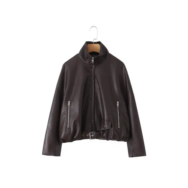 Women Vintage PU Leather Moto Jacket Stand Collar Zipper Belted Loose Short Biker Coat Streetwear
