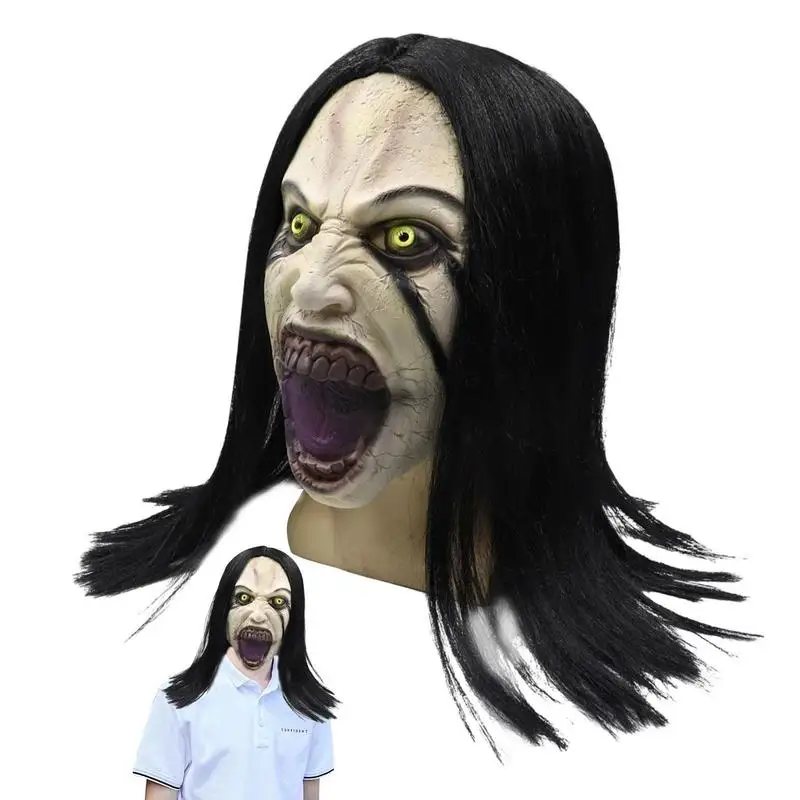 

Crying Woman Head Long Hair Scary Crying Woman Headgear Latex Creepy Scary Evil Female Ghost Devil Full Head Headgear