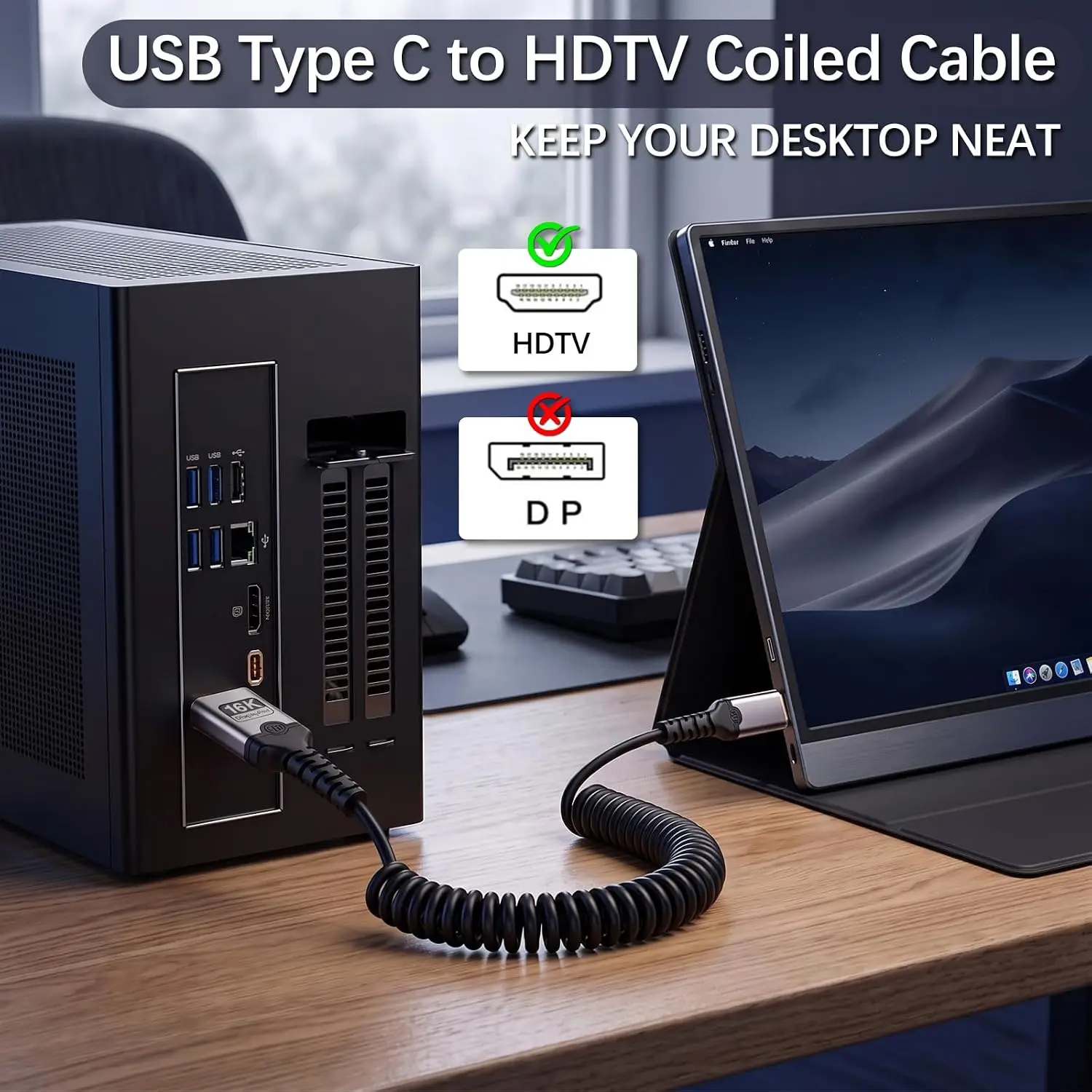 16K USB-C to HDMI-compatible Coiled Cable 3FT-5FT 16K@60Hz 8K@120Hz Type C to HDTV2.1 Braided Cord Thunderbolt 3/4/5
