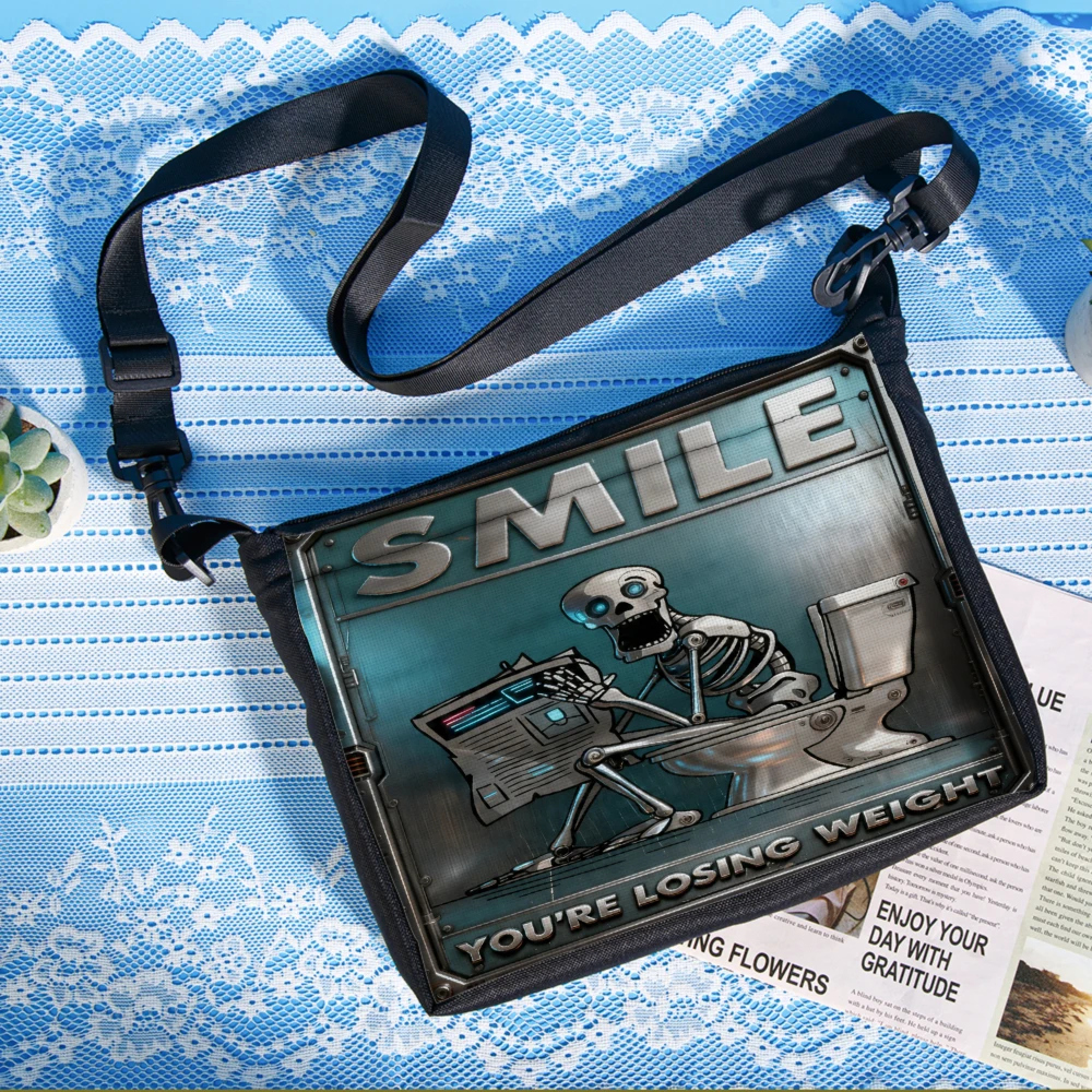 1pc Smile Youre Losing Weight Skeleton Toilet Humor Print Crossbody Bag Black Shoulder Bags For Women Men Casual Daily Use Trave