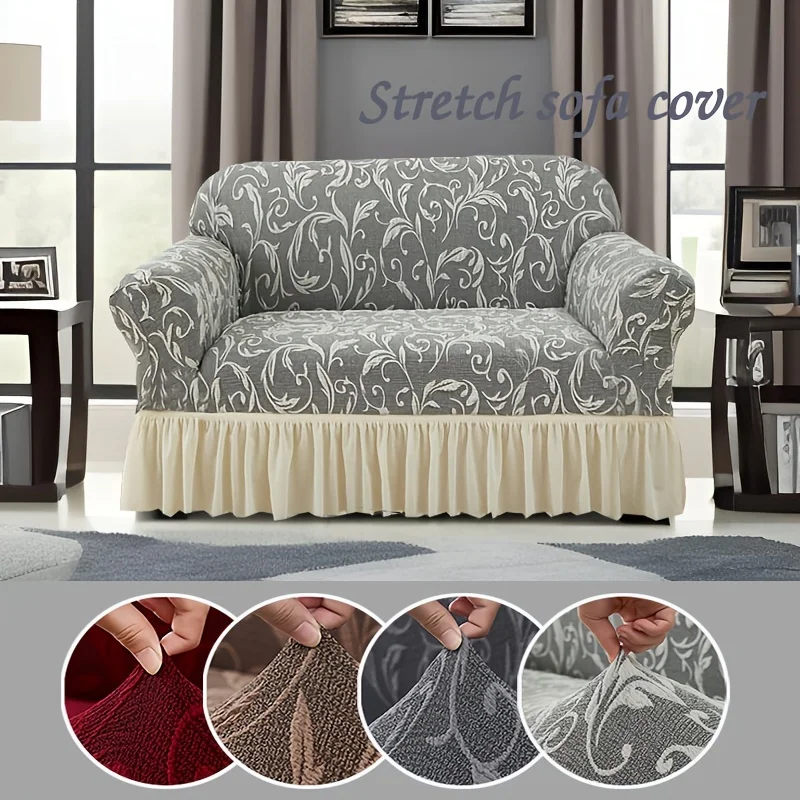 1 Piece Of Elastic Jacquard Sofa Cover With Skirt - Elegant Floral Pattern, Pet Friendly, Dust-Proof, Machine Washable, Suitable