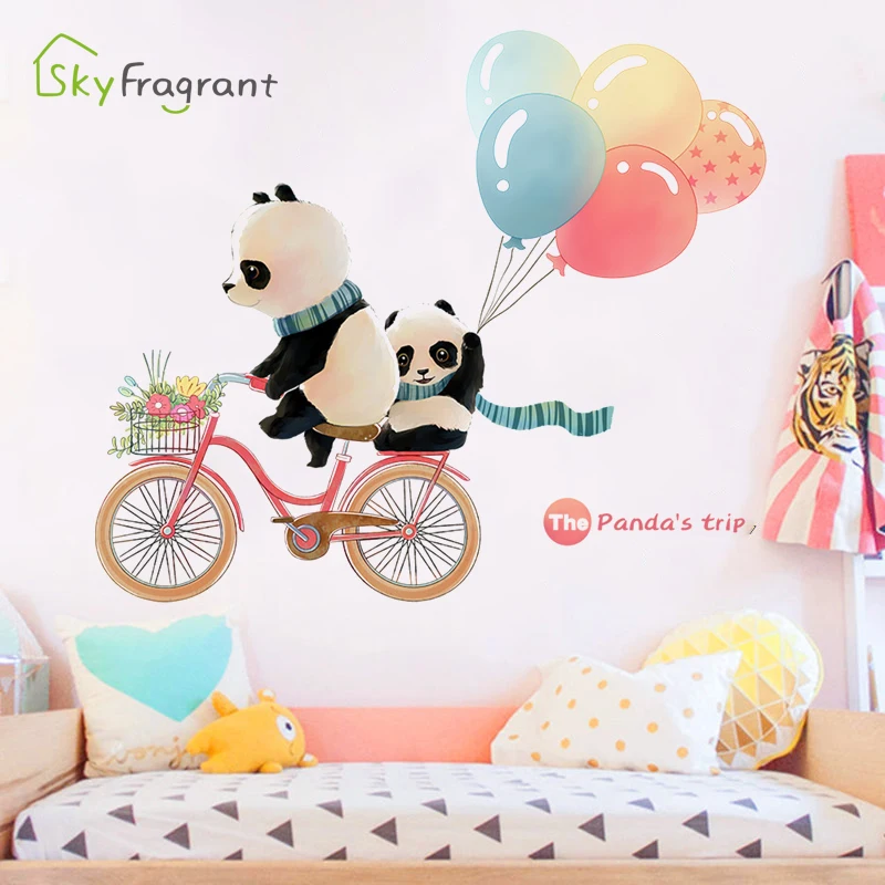 

Cartoon Panda Balloon Bicycle Kids Room Bedroom Decoration Self-adhesive Stickers Corridor Background Wall Sticker Home Decor