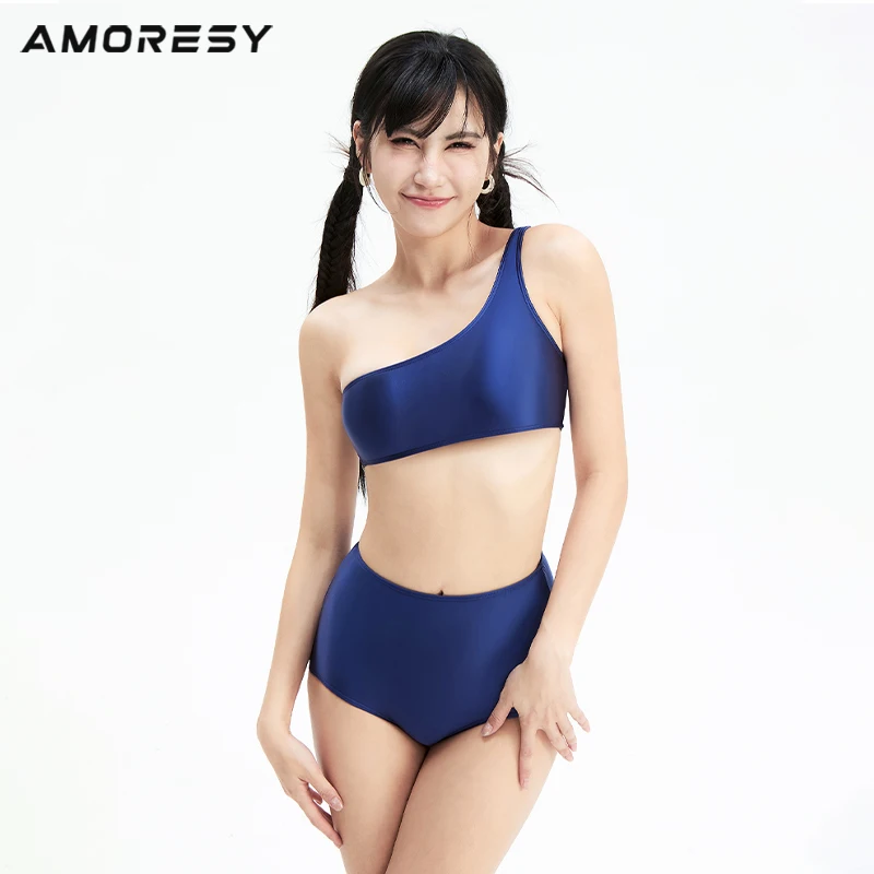 AMORESY damskie seksowne błyszczący olejek kąpielówki Bikini na jedno ramię surfingowe stroje kąpielowe Spandex komplet bielizny strój kąpielowy z