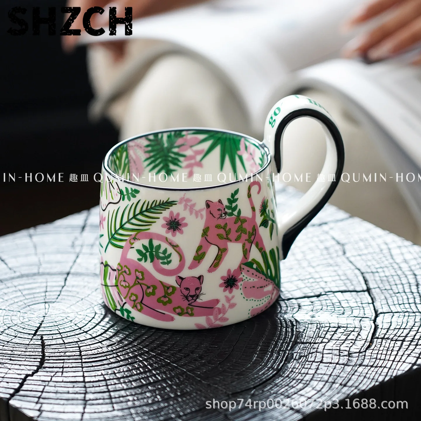 Niche design pink leopard rainforest ceramic mug high value latte coffee cup breakfast milk cup