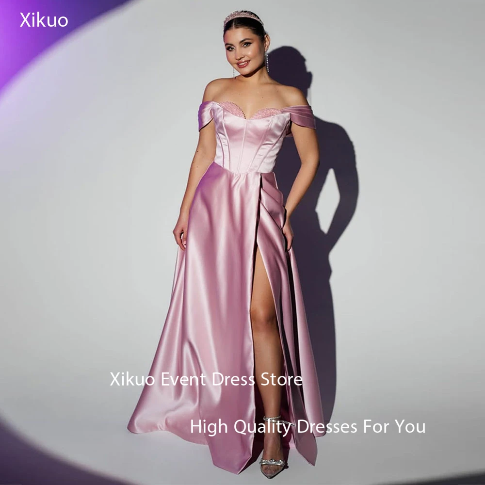 Xikuo Formal Pink Satin Evening Gowns Mermaid  Party Prom Gowns Sweetheart High Side Slit Cocktail Robe De Soirée Customized