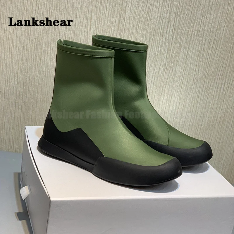 Dark Green Thick-Soled Short Boots for Women New High-End Black Silk Comfortable Slip-On Boots for Spring and Autumn Ladies