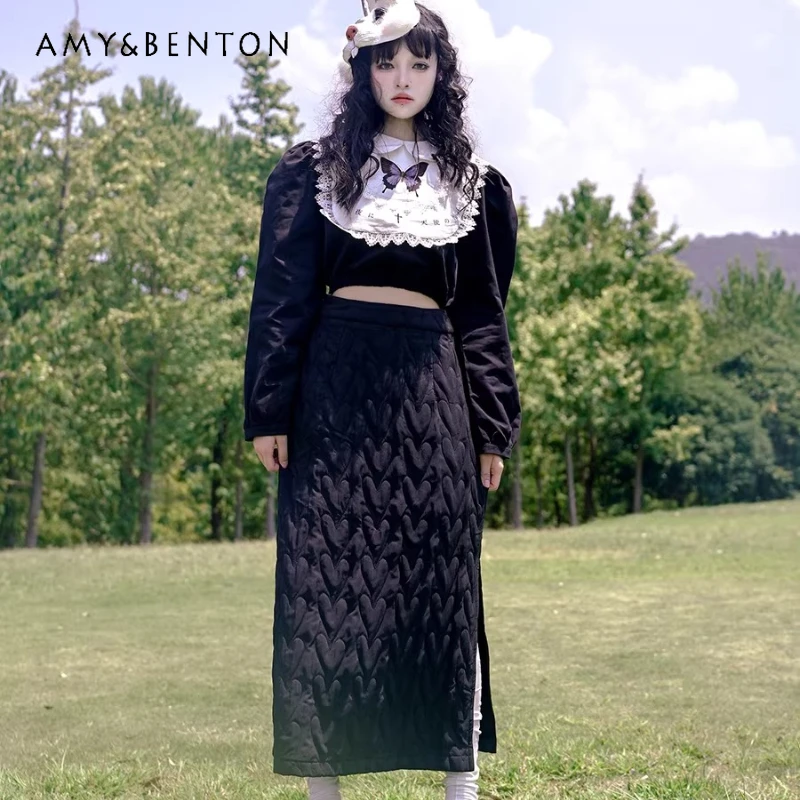 

2026 Spring New Love Jacquard Women's Skirts Original Design Versatile Solid Color Sweet Cool Fashion Split Long Skirt Ladies