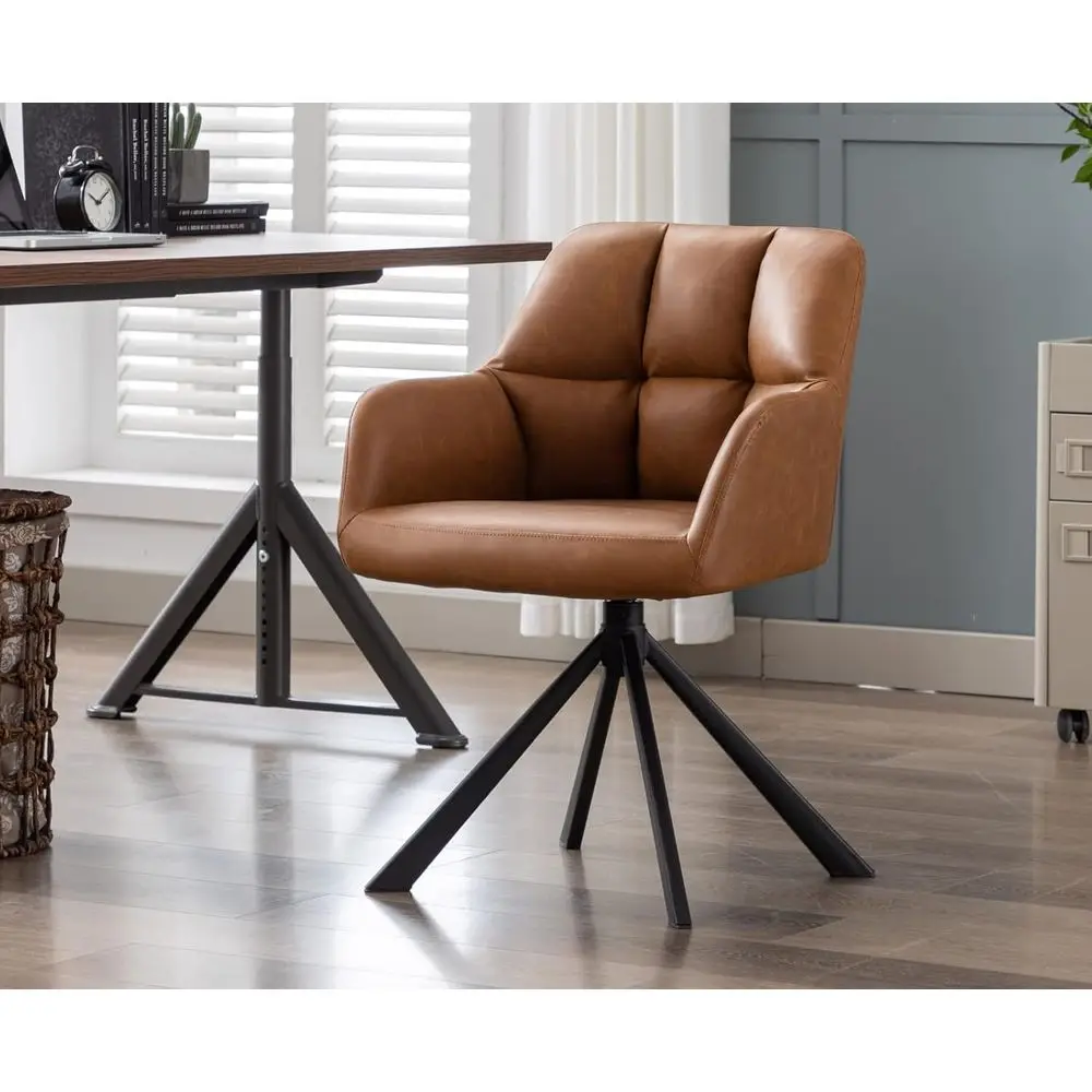 Leather Swivel Task Chair without Wheels, Accent Chair for Home Office, PU Brown