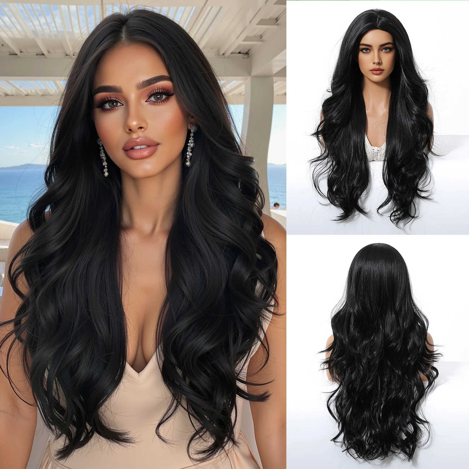 

EASIHAIR Black Synthetic Middle Part Wigs Long Natural Wavy Hair Wig for Women Daily Cosplay Use Heat Resistant Fiber