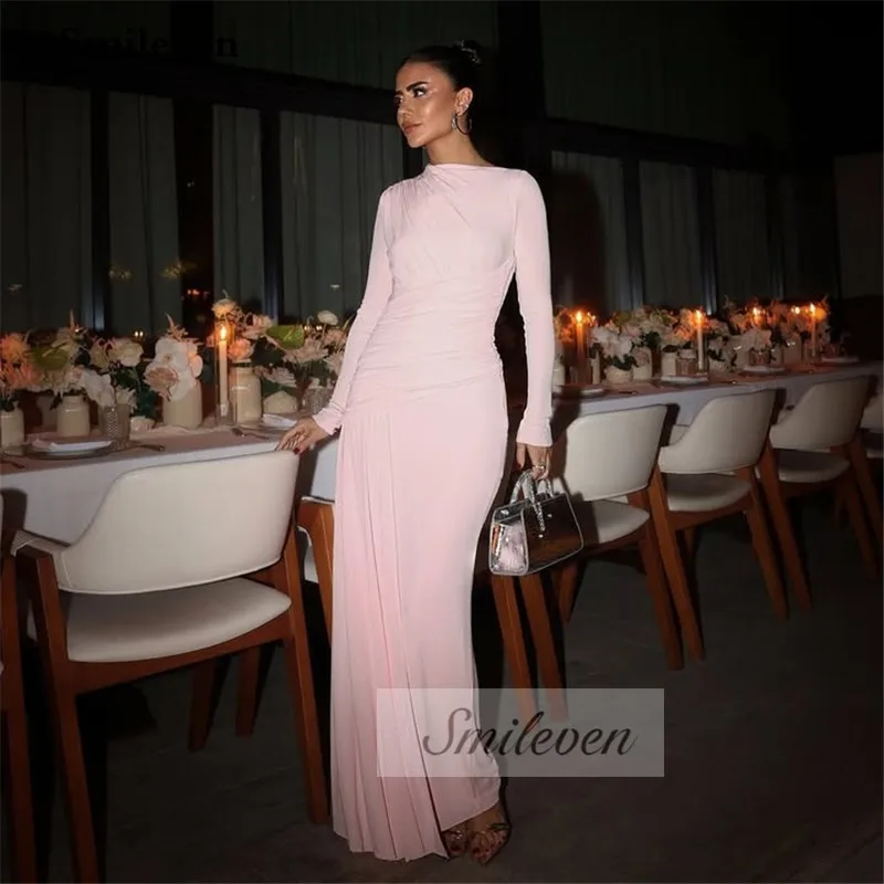 Smileven Abito da sera a sirena a maniche lunghe Rosa Maxi abiti da festa da ballo Eleganti semplici abiti da ballo con scollo rotondo 2025 personalizzati