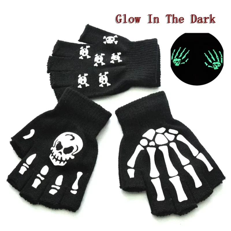 1/3/6 pares de guantes de medio dedo con esqueleto de Halloween que brillan en la oscuridad, guantes de invierno de punto elásticos sin dedos