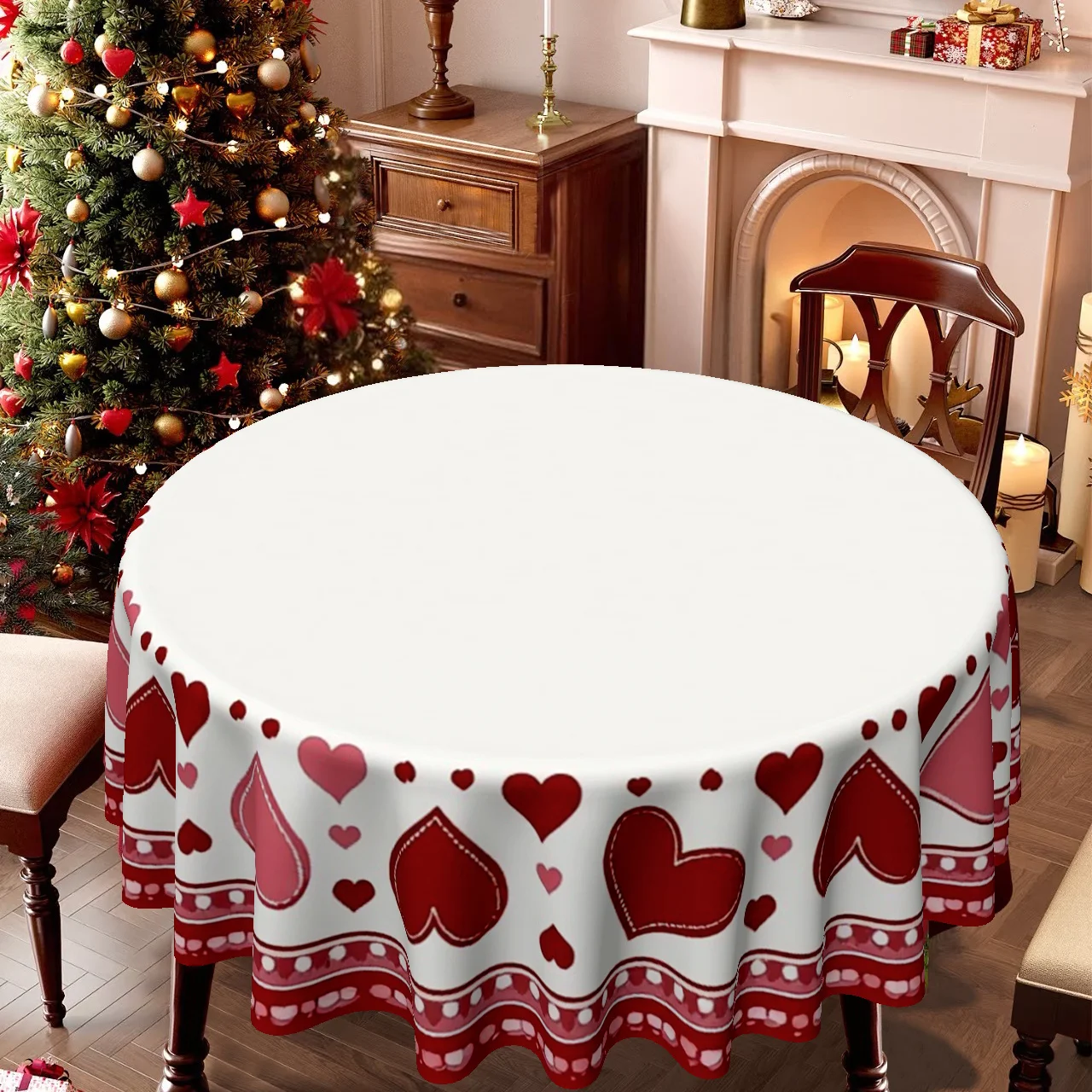 A heart-shaped round tablecloth, perfect for Christmas and Easter, with a charming and romantic design