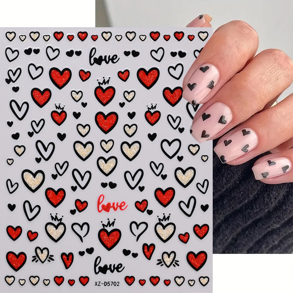 6pcs Black Love  Nail Art Decals Cute Y2k Glitter Red Heart Bowtie Nail Stickers 8*10cm Adhesive Kawaii Love Hear Nail Art Suppl