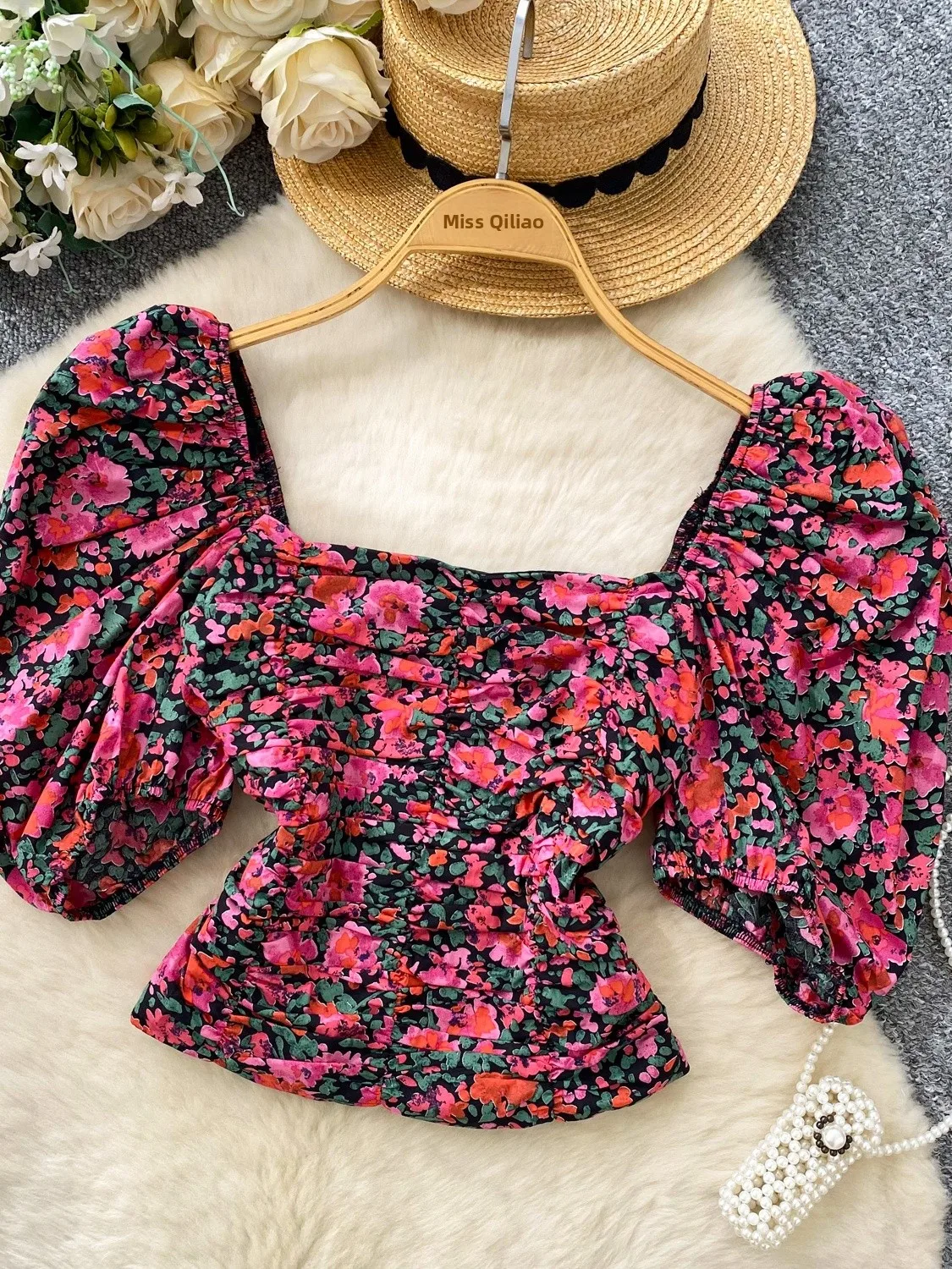 

Faionable Floral Print irt Women's Square Collar Bubble Sve Slim Fit Waist Cinched Summer Design Sense Pleated Top
