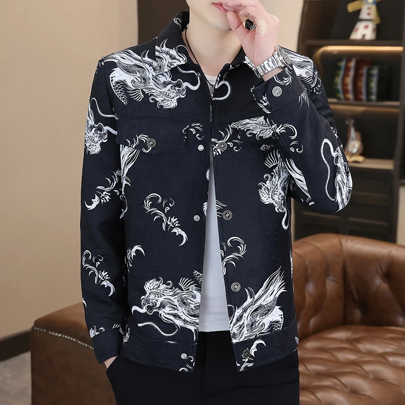 

2024 Spring Chinese Style Jacket Men Luxury Dragon Print Casual Jackets Lapel Social Streetwear Windbreaker Jacket Coat M-4XL