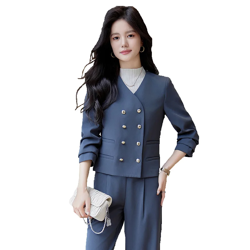 Fashion Office Ladies Formal Pant Suit Set Spring Gray Black Beige Female Business Work Wear 2 Piece V Neck Blazer And Trouser