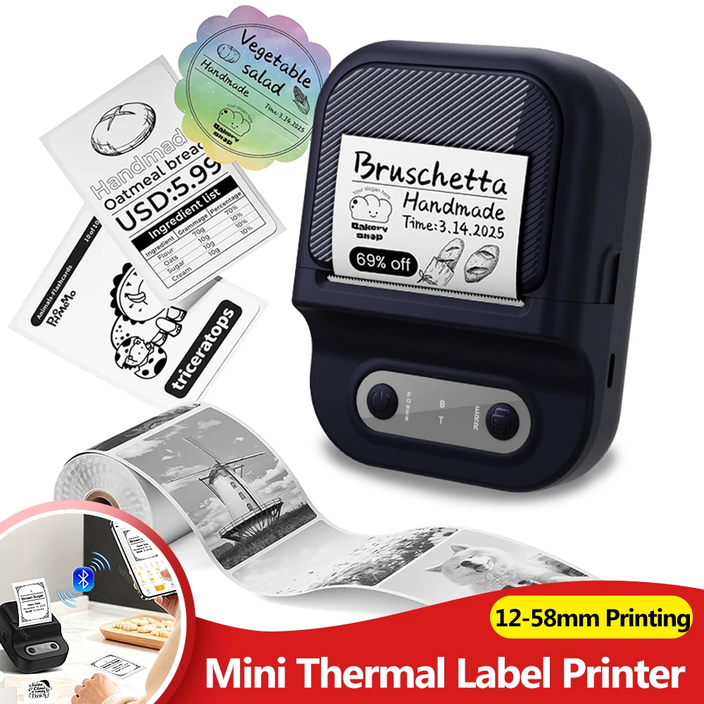 Support 12-57mm Width Mini Thermal Label Printer Self-adhesive Paper Portable Inkless Printer Bluetooth Sticker Tag Label Maker