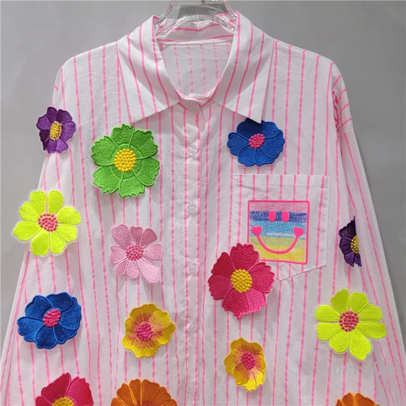 Three-dimensional Flower Splicing Pink Striped Shirt Women's Design Sense Niche Loose Lazy Style Top Long Sleeve Blouse Spring