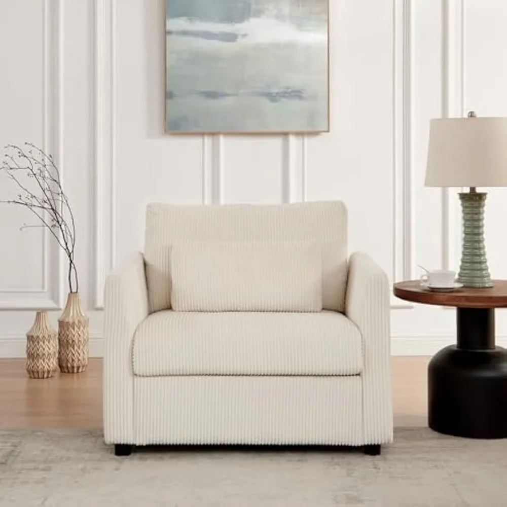 كراسي غرفة المعيشة الحديثة المصنوعة من قماش سروال قصير، وأريكة كرسي القراءة للشقة والمساحات الصغيرة. (بيج، كرسي) #3