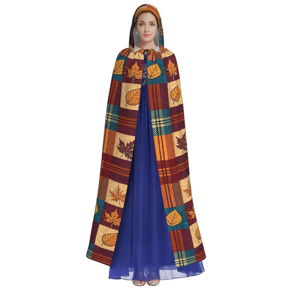 Maple Fallen Leaves Hooded Cloak Plaid Aldult Cape Gothic Halloween Costume Party Accessory